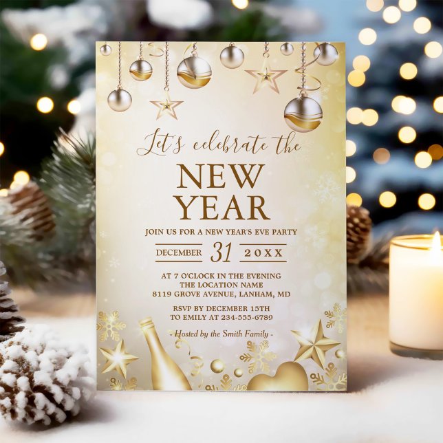 Invitation Des ornements dorés célèbrent la fête du Nouvel An (Créateur téléchargé)