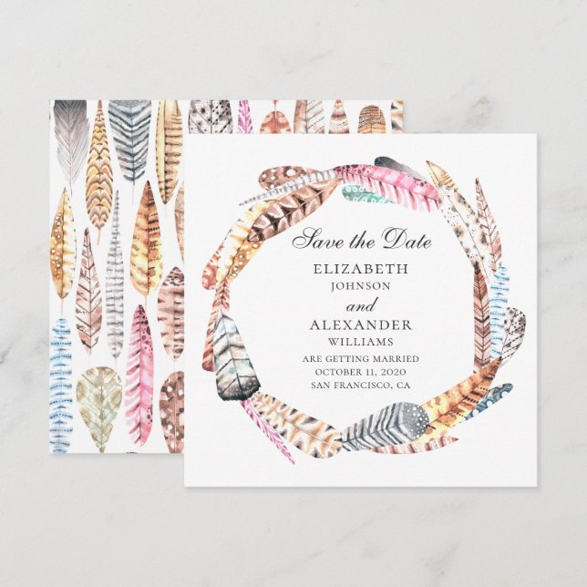 Invitation Des plumes chics ont couru. Boho mariage enregistr (Devant / Derrière)