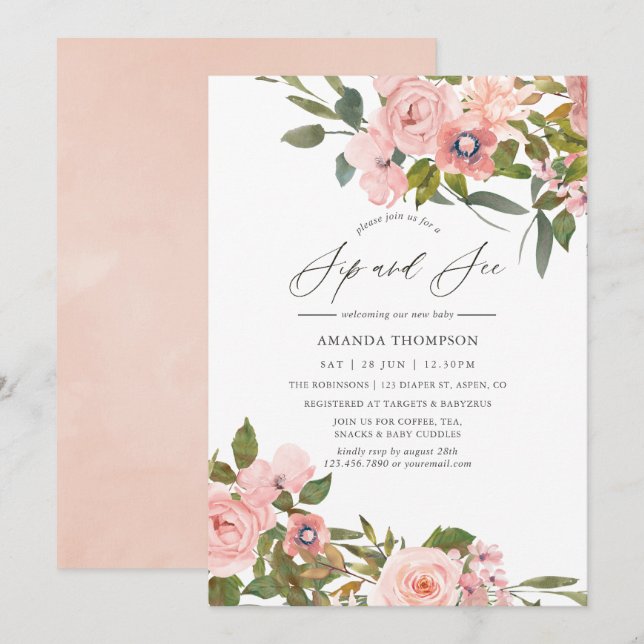Invitation Des Roses en or rose et Rose sirotent et voient (Devant / Derrière)