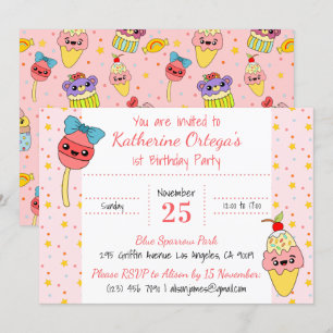 Invitation Des sucreries roses et mignonnes, 1er anniversaire