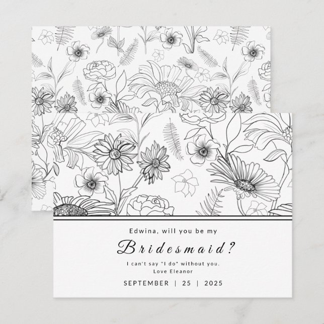 Invitation Design de fleur marguerite noir et blanc Soyez ma  (Devant / Derrière)