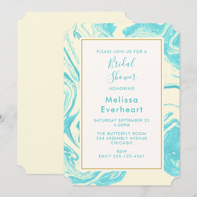 Invitation Design de marbre élégant en Turquoise et de la crè (Devant / Derrière)