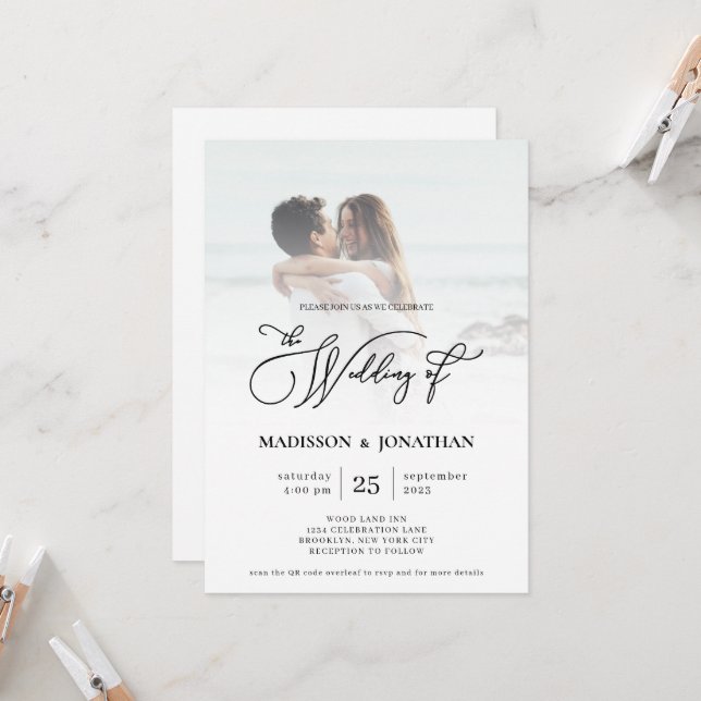 Invitation Design élégant moderne photo QR Code Mariage (Devant/Arrière en situation)