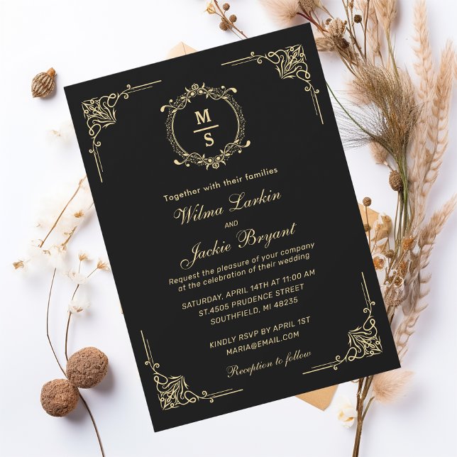 Invitation Design Élégant Monogramme Classique Noir et Or (Créateur téléchargé)