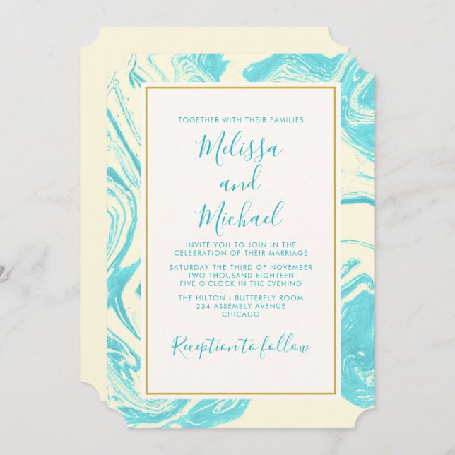 Invitation Design en marbre élégant en Mariage Turquoise et C (Devant / Derrière)