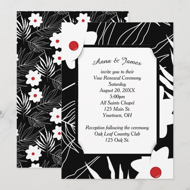 Invitation Design Floral Blanc Sur Mariage Noir (Devant / Derrière)