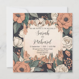 Invitation Design floral chic avec des accents corail et crèm