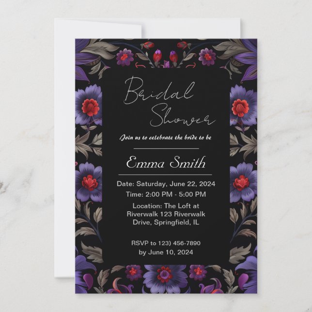 Invitation Design floral noir et violet moderne foncé (Devant)