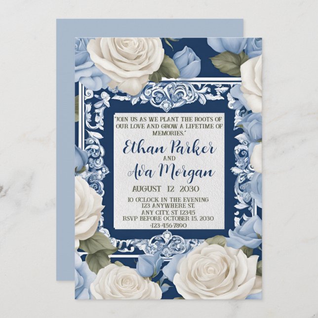 Invitation Design Mariage bleu et blanc (Devant / Derrière)
