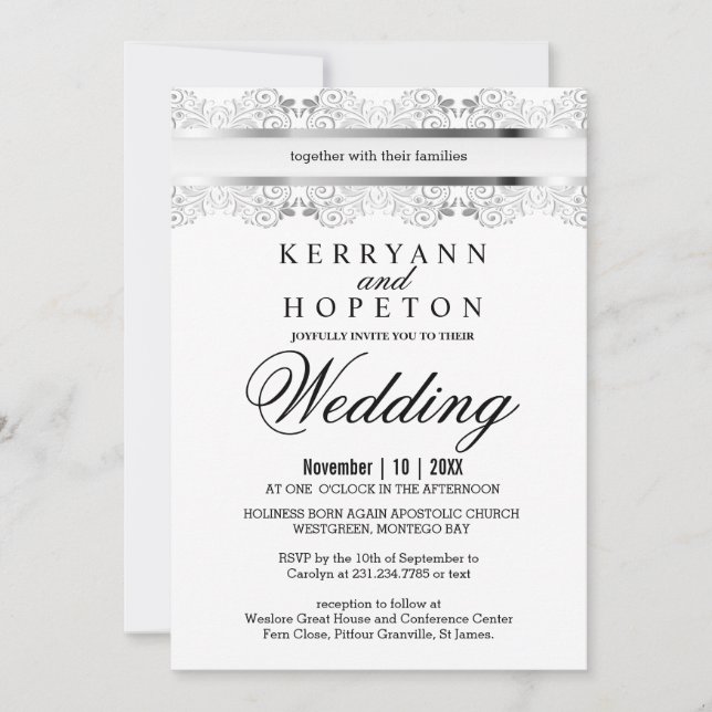 Invitation Design Mariage en dentelle argent (Devant)