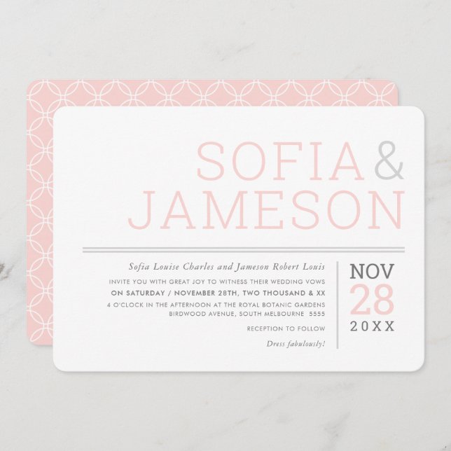 Invitation DESIGN MINIMAL simple type moderne pastel gris ros (Devant / Derrière)