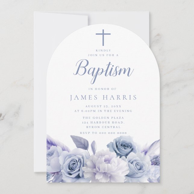 Invitation Designer Dusty Blue Floral garçon ou fille Baptême (Devant)