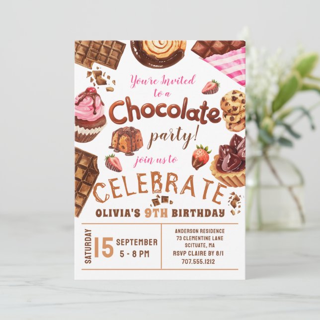 Invitation Desserts au chocolat fête d'anniversaire (Debout devant)