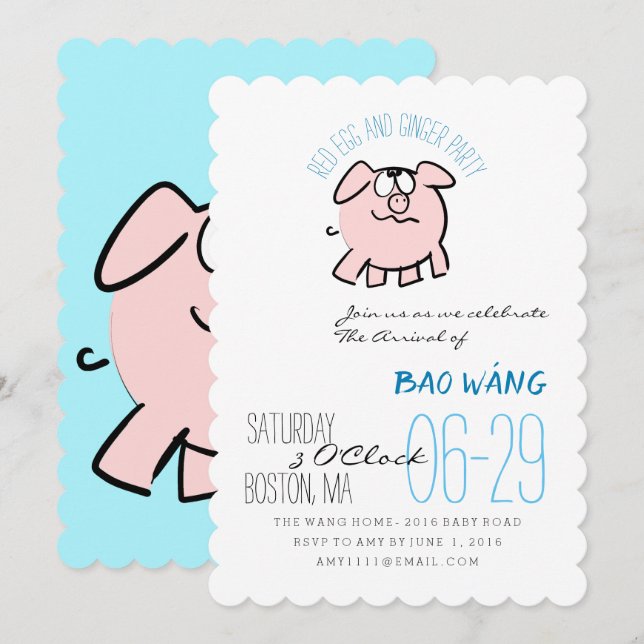 Invitation Dessin 2 Cochon Année Oeuf Et Ginger Party Baby In (Devant / Derrière)
