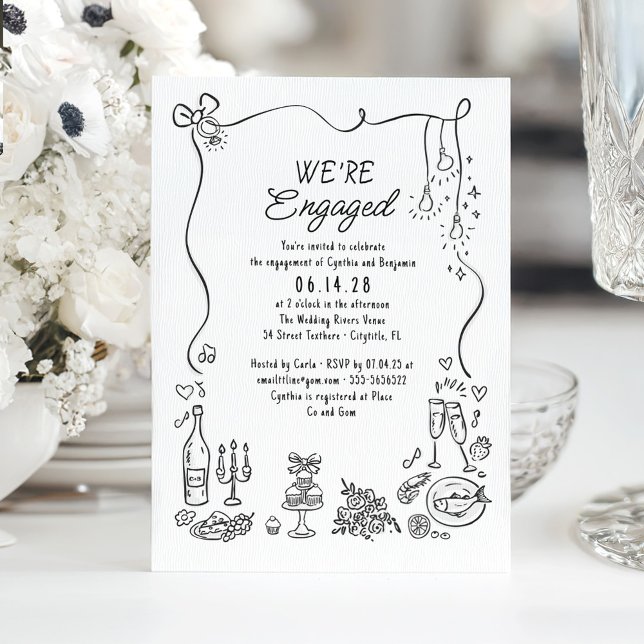 Invitation Dessin à la main Doodle Funky Whimsical Engagement (Whimsical funky drawings engagement party invitation)