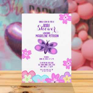 Invitation Dessin à la main Fleurs et Baby shower papillon