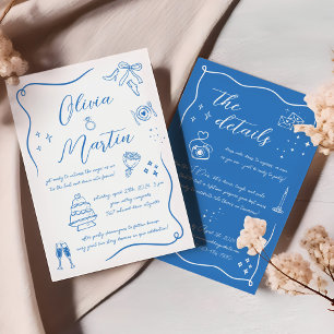 Invitation Dessin à la main Fun Doodle Blanc Bleu Mariage