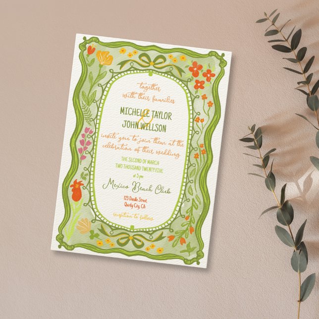 Invitation Dessin amusant Whimsical Floral Bow Doodle Main ti (hand drawn quirky floral frame in green color)