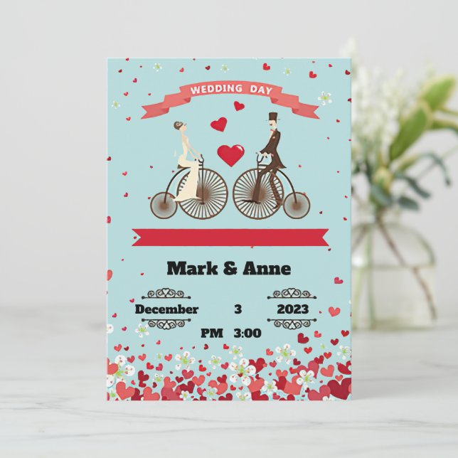 Invitation Dessin animé de la mariée et du marié à vélo pour  (Debout devant)