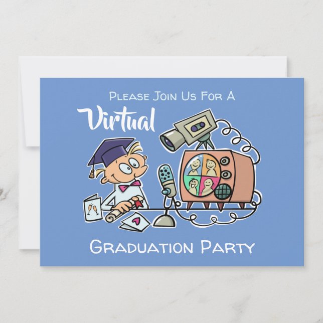 Invitation Dessin bleu amusant de la fête de la graduation vi (Devant)