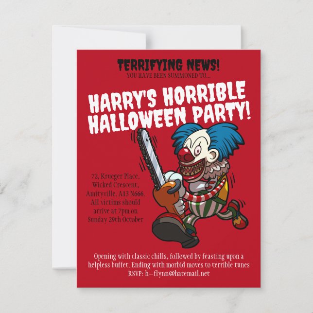 Invitation Dessin de la fête d'Halloween Clown à la tronçonne (Devant)