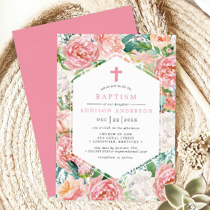 Invitation Dessin floral élégant de pivoine rose pour baptême