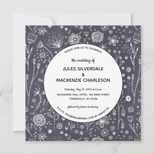 Invitation Dessins sur tableau noir de fleurs pour mariage mo (Devant)