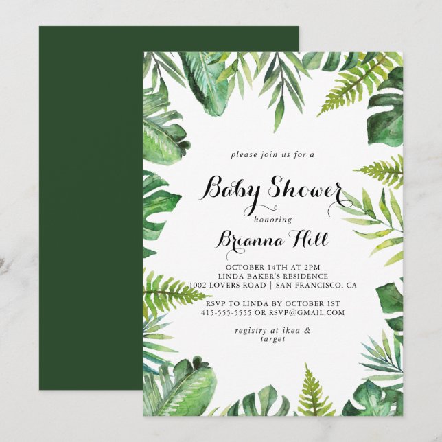 Invitation Destination Baby shower vert tropical (Devant / Derrière)