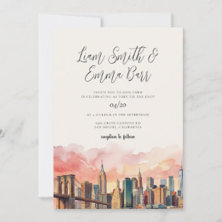 Invitation Destination de mariage aquarelle sur la skyline de