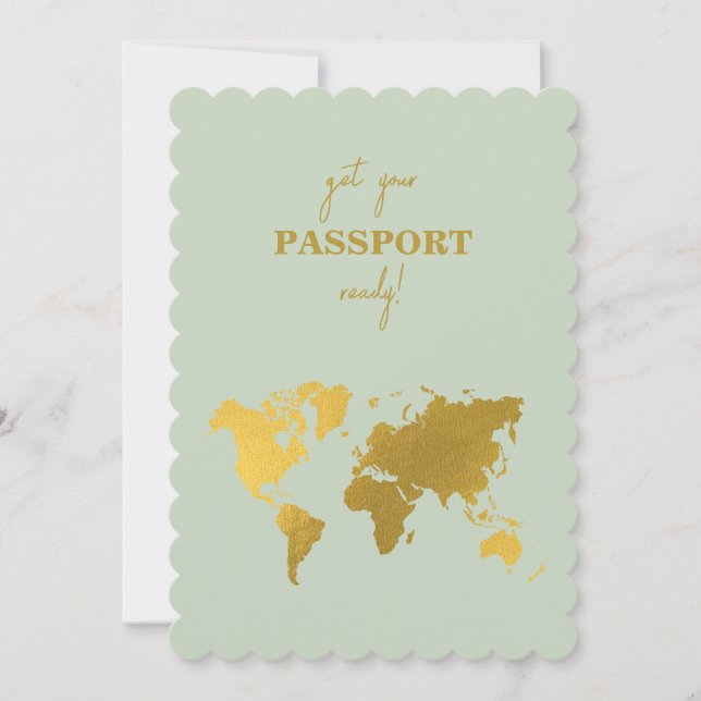 Invitation Destination Mariage Monde Passport Sage Vert Or (Devant)