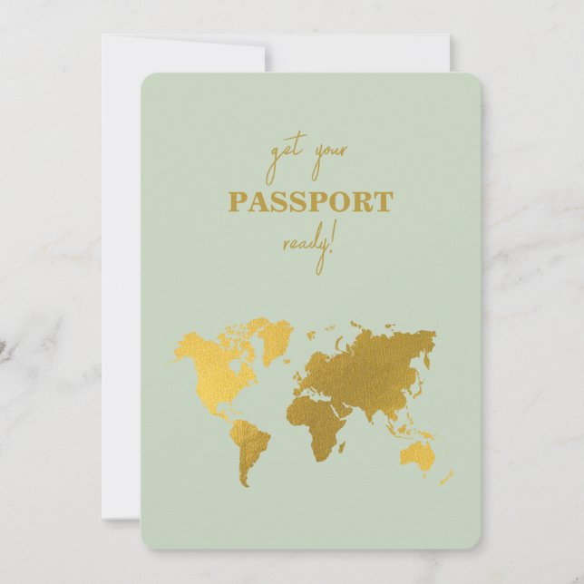 Invitation Destination Mariage Monde Passport Sage Vert Or (Devant)