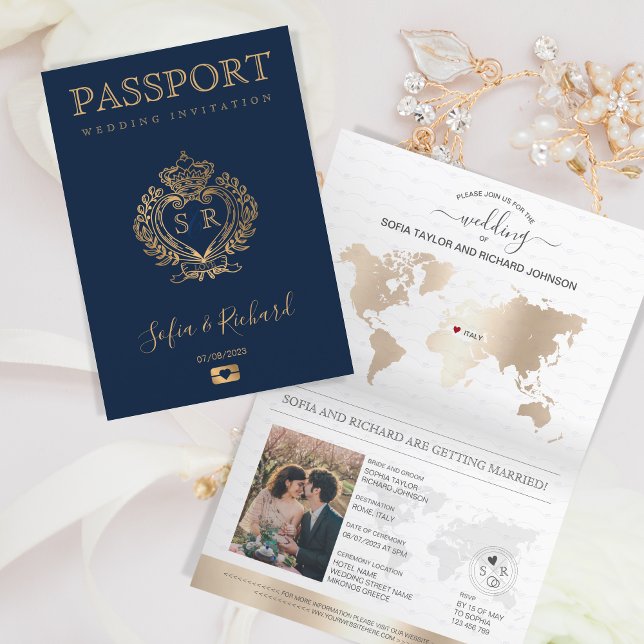 Invitation Destination Mariage Passport Gold Crest Italie (custom crest wedding passport)