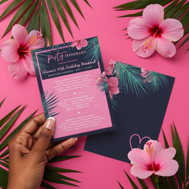 Invitation Destination tropicale rose néon Itinéraire d'anniv (Neon Pink Tropical Destination Birthday Itinerary Invitation)