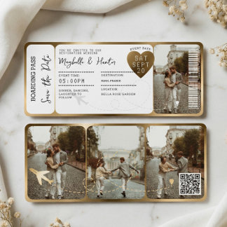 Invitation Destination Wedding Boarding Pass Gold Ticket QR