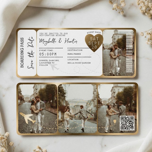 Invitation Destination Wedding Boarding Pass Gold Ticket QR (Destination Wedding Boarding Pass Gold Ticket QR Invitation)