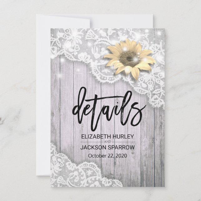 Invitation Détail de mariage Broderie Fleur de soleil Bois et (Dos)