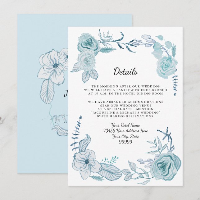 Invitation Détails de l'hôtel Blue White Boho aquarelle flora (Devant / Derrière)