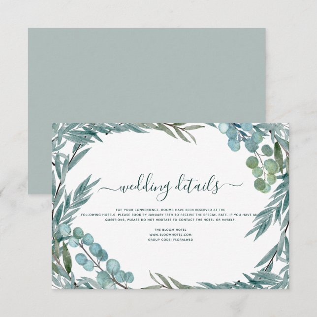 Invitation Détails de mariage à l'aquarelle avec verdure d'eu (Devant / Derrière)