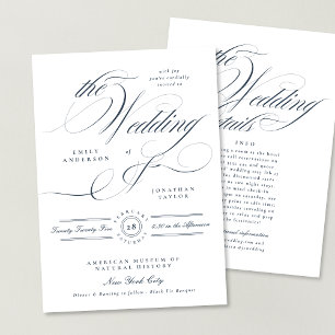 Invitation Détails de mariage bleu marine avec calligraphie é