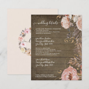 Invitation Détails de mariage Bois rustique Fleurs Rose doré