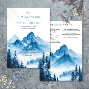 Invitation Détails de mariage de montagne à l'aquarelle bleue