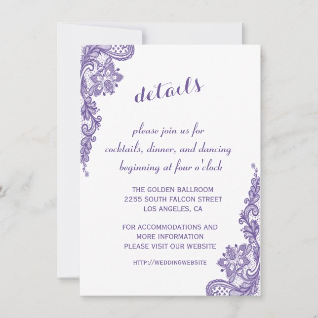 Invitation Détails de mariage de réception de dentelle violet (Devant)