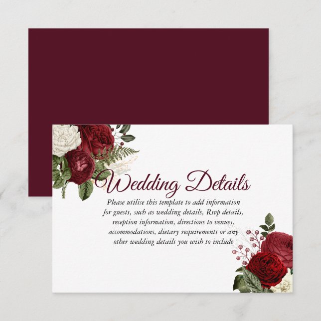 Invitation Détails de mariage élégants floraux rouge burgundy (Devant / Derrière)
