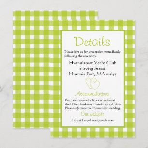 Invitation Détails de mariage rustique Gingham Vert carreaux 