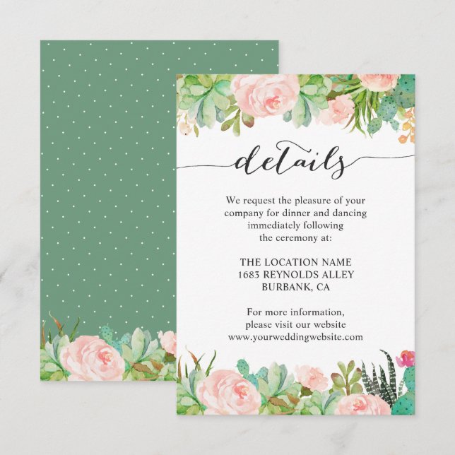 Invitation Détails de réception de mariage de cactus succulen (Devant / Derrière)
