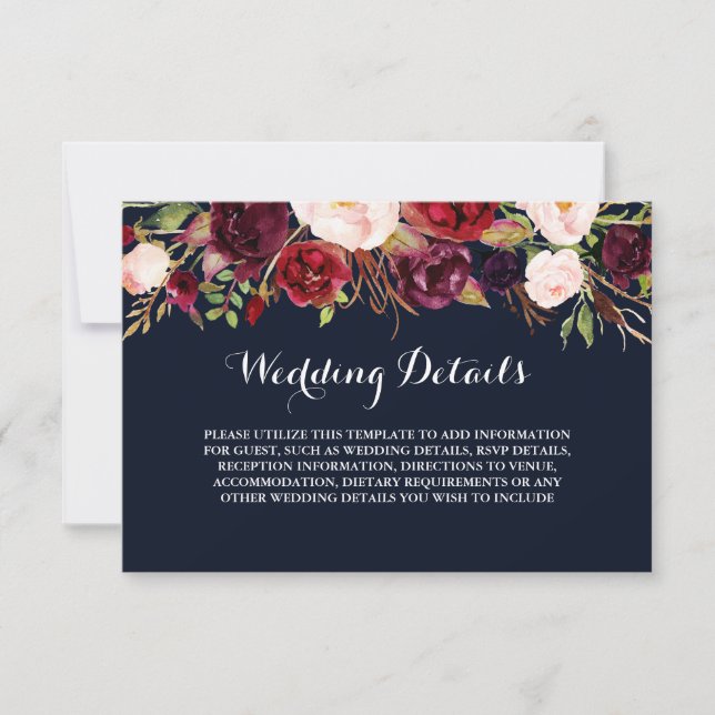 Invitation Détails de réception de mariage Floral Burgundy Na (Devant)