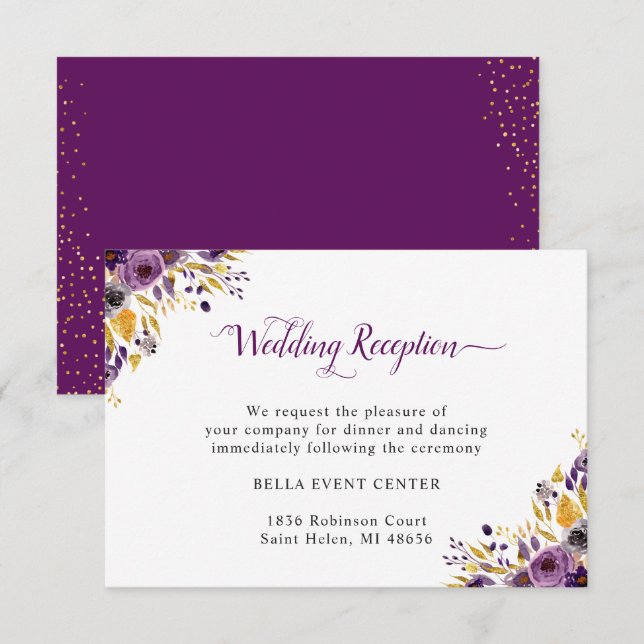 Invitation Détails de Réception de Mariage Floral Or Violet P (Devant / Derrière)