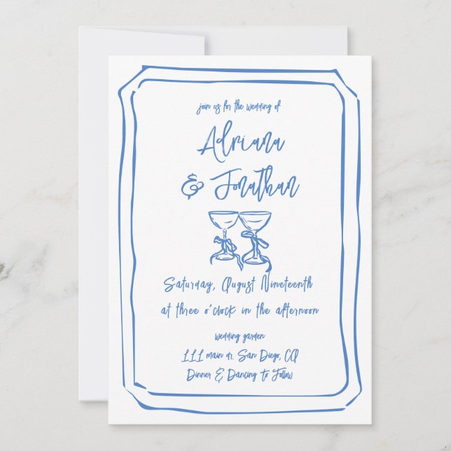Invitation Détails du Mariage à main bleue et blanche Code Qr (Devant)