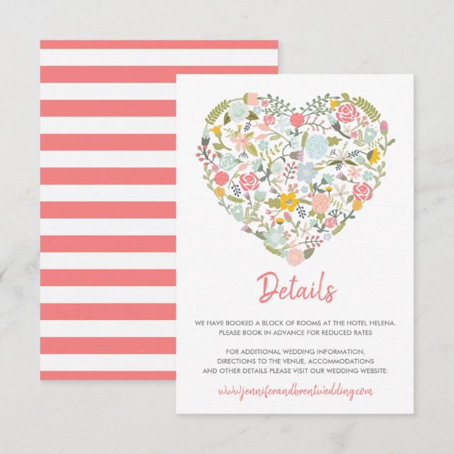 Invitation Détails du Mariage Floral Heart (Devant / Derrière)