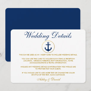 Invitation Détails du Mariage Nautique Blue Gold Insérer